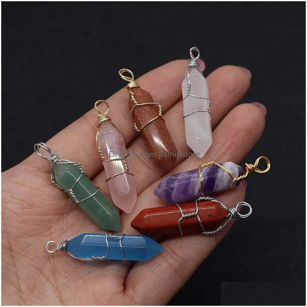 natural stone charms silver gold wire wrapped quartz hexagonal prism healing pink crystal pendants for diy earrings necklace jewelry