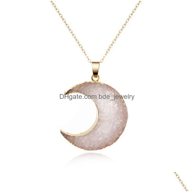 simple moon druzy drusy pendant necklace women resin handmade clavicel chains necklaces for female christmas imitation natural stone