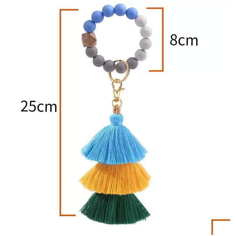 favor silicone beads bracelet keychain three layer cotton tassel wrist keyring bead bangle key ring women bag pendant decoration cg001