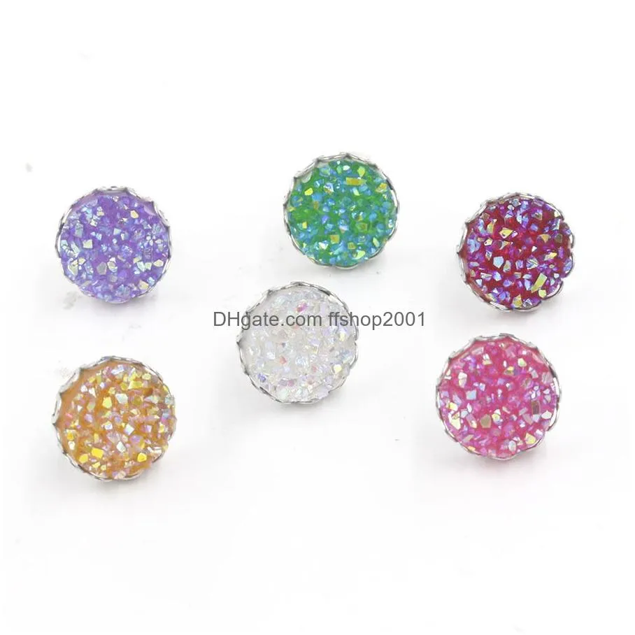 fashion round resin 12mm stainless steel druzy drusy crown earrings handmade stud for women jewelry