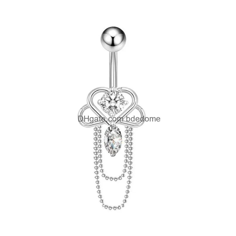 bell button rings for women blue white zircon crystal chain tassel dangling stainless steel crystal navel ring