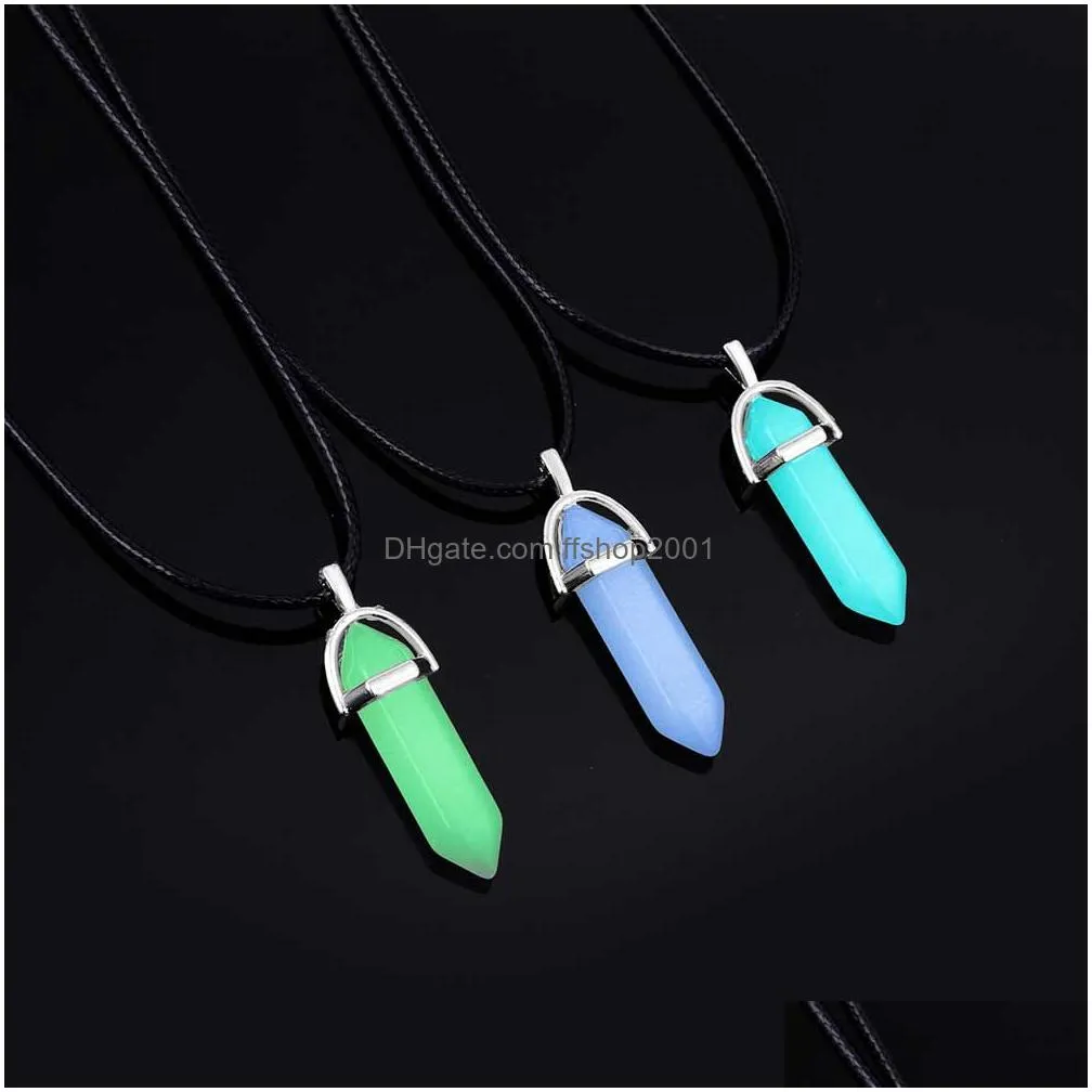 fashion luminous stone fluorescent hexagonal column druzy necklace natural crystal gem stone pendant leather chains necklace