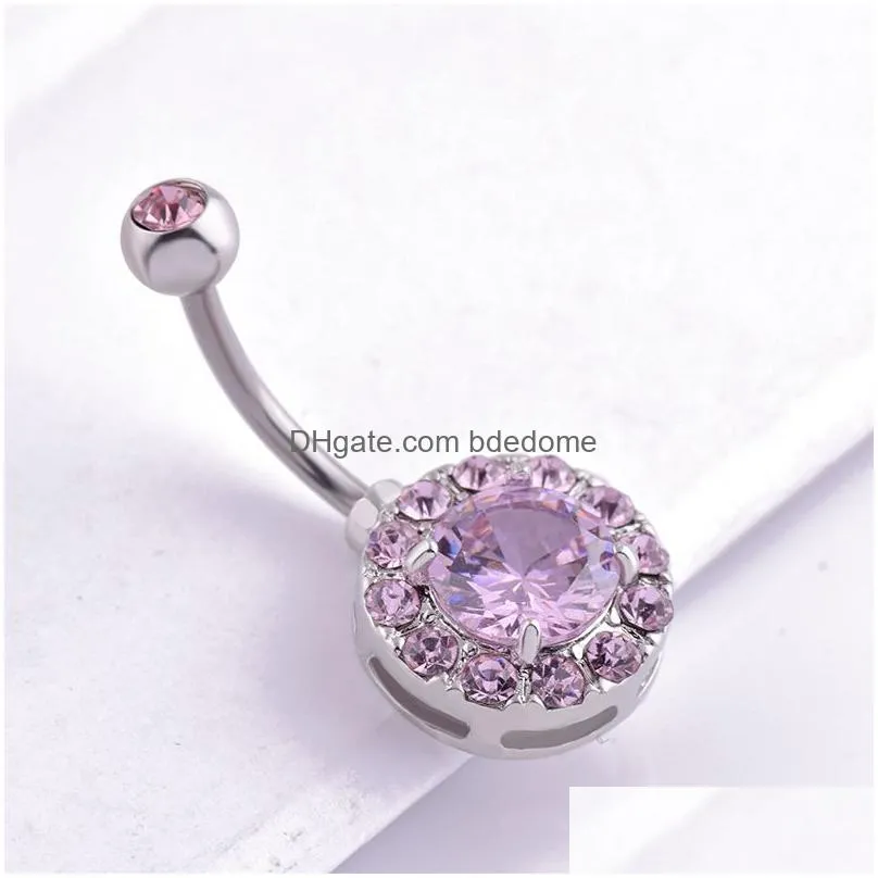 navel bell button rings piercing for women round shape zircon crystal pink silver color surgical steel summer beach fashion body