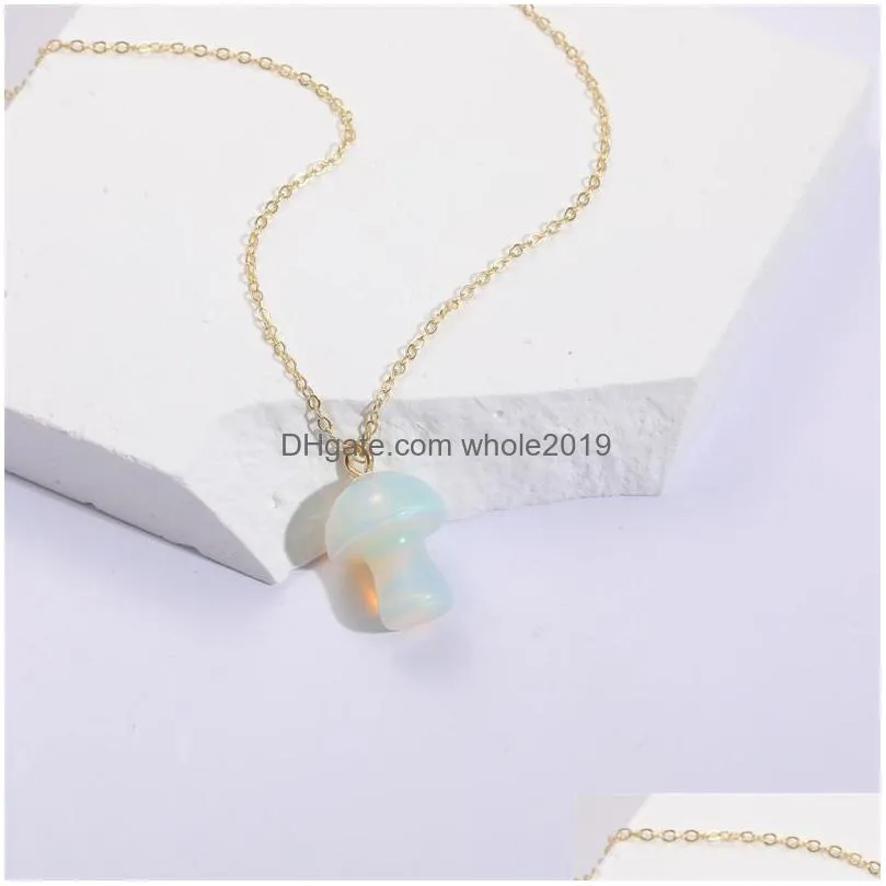 natural gem stone quartz crystal amethyst tiger eye opal hand carved 2cm mushroom pendant necklace for women jewelry