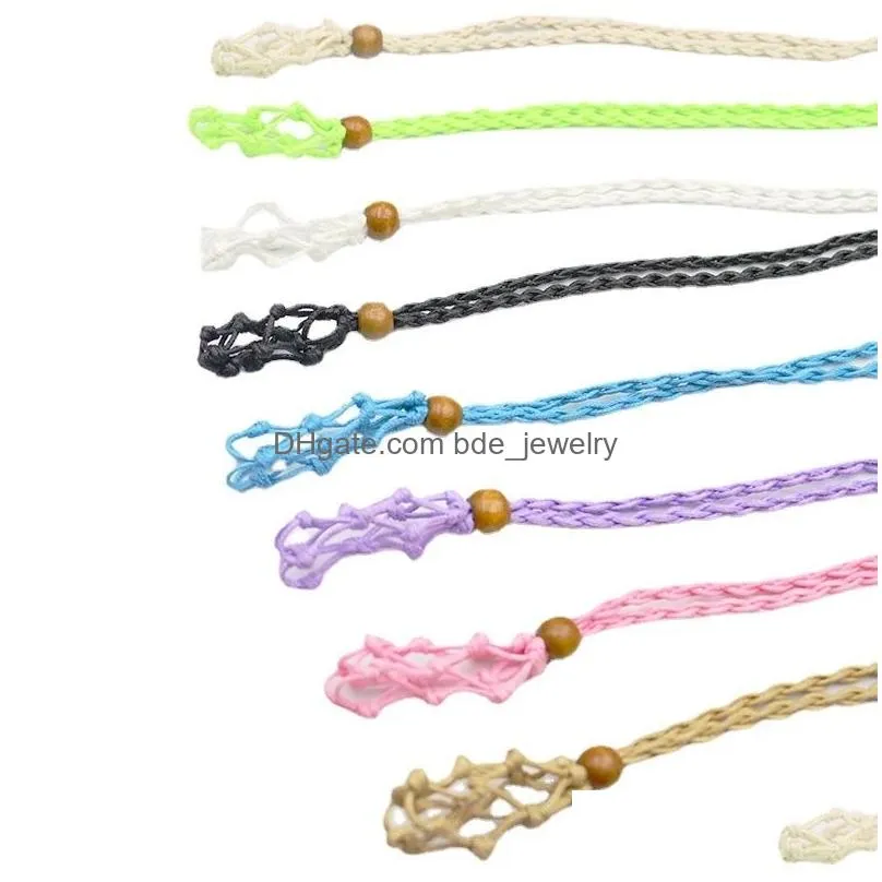 adjustable necklace cord empty stone holder wax rope diy necklace natural quartz crystal healing stone net bag