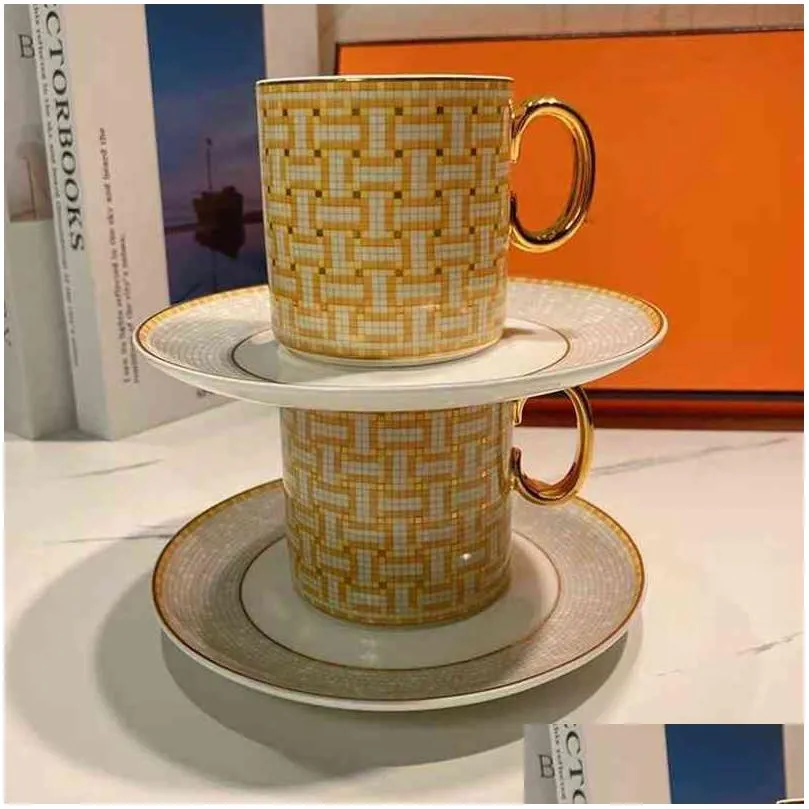 2022 style luxury mosaic coffee cup and saucer set with gold handel ceramic cappuccino afternoon tea cup 2pcs coffee mug set