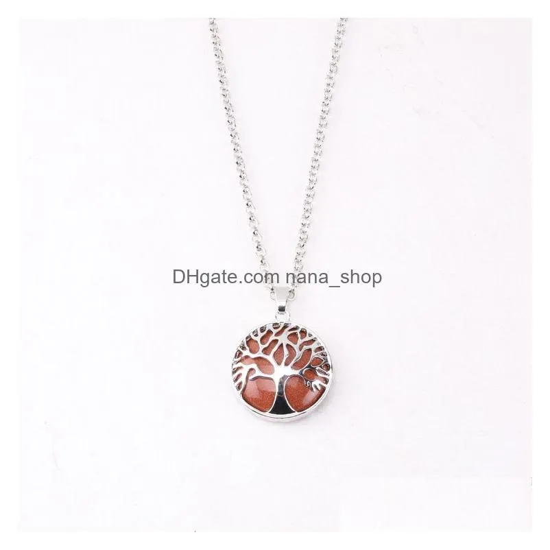 natural stone tree of life necklaces opal tigers eye pink quartz crystal chakra reiki healing pendulum penant necklace