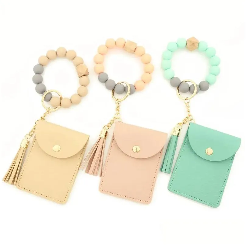 ups new women wristlet card holder silicone chain beaded bangle wallet bracelet keychain pocket coin purse leather tassel key ring