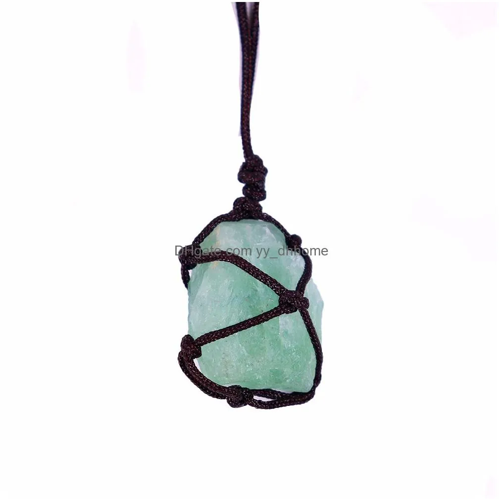 natural rough raw stone net bag necklaces rose quartz amethyst fluorite crystal pendant necklace for women men