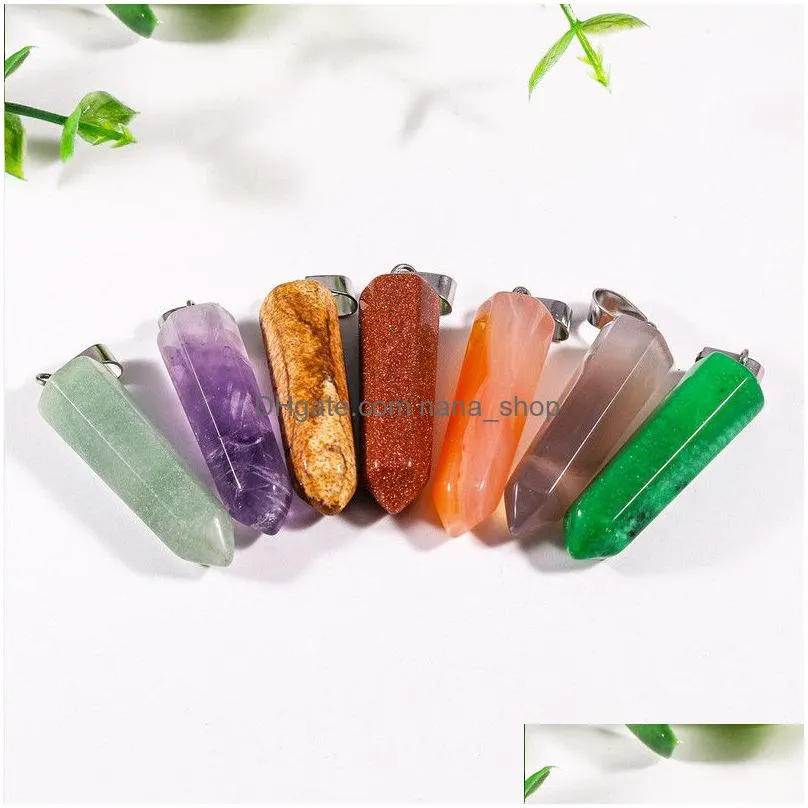 natural stone hexagonal prism opal tigers eye pink quartz healing chakra pendants charms diy necklaces jewelry accessories making