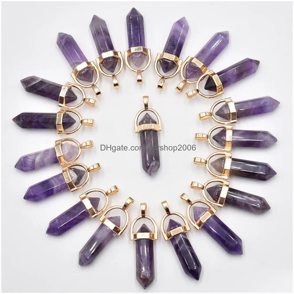 natural stone charms rose quartz amethyst opal hexagonal prism shape charms point chakra pendants for jewelry necklace earrings making