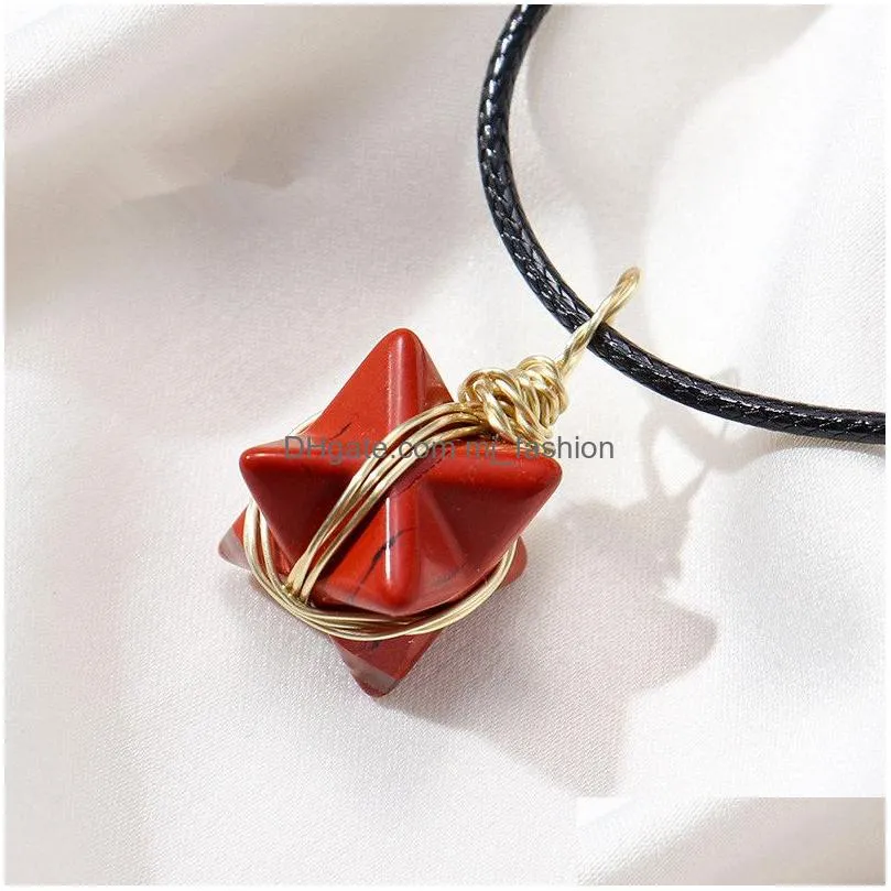 natural stone wire winding merkabah hexagram necklace crystal quartz star pendant necklaces for women jewelry gift