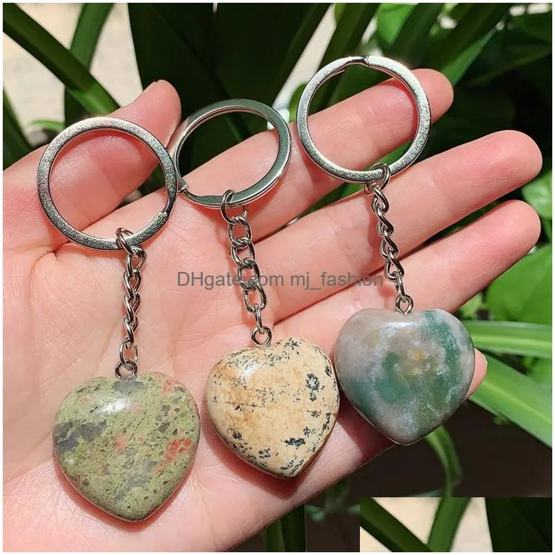 Natural Stone Crystal Keychains Heart Gemstone Handbag Charms Agate Tiger Eye Opal Quartz