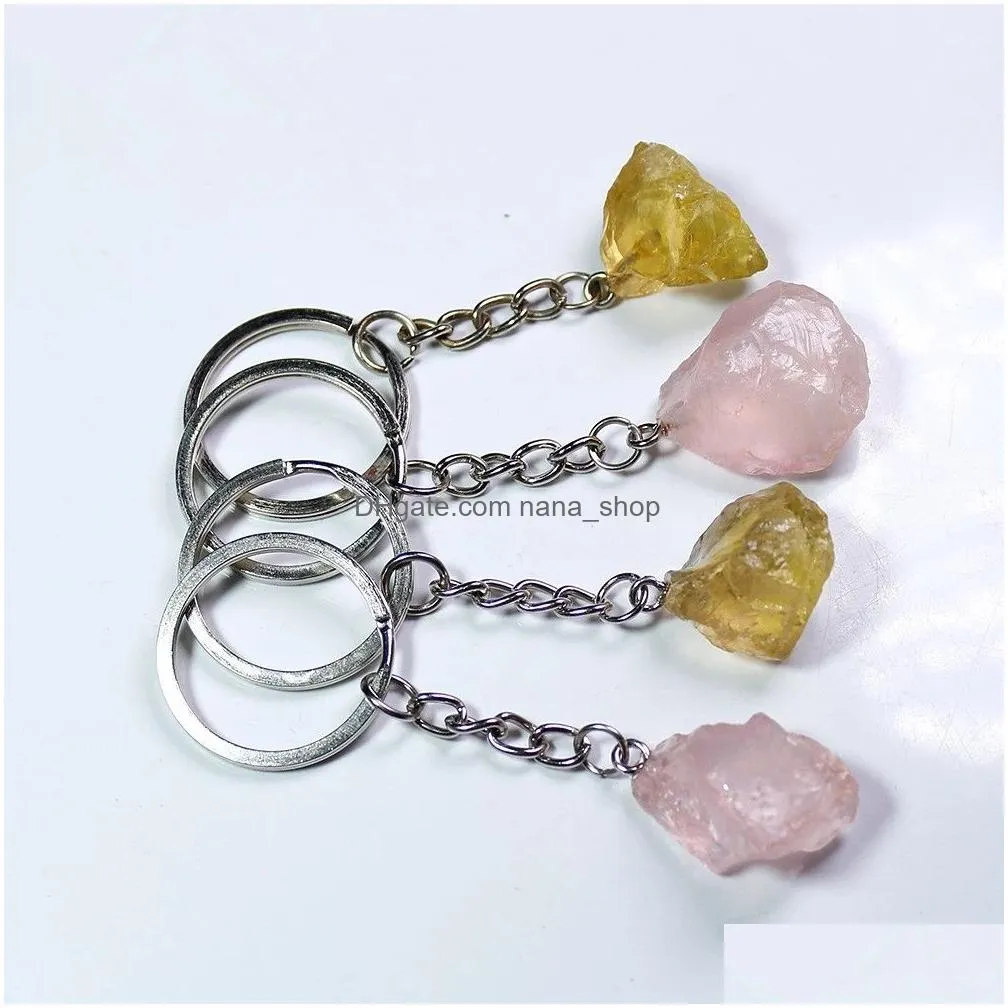 natural stone rose quartz citrine irregular key rings keychains healing crystal car decor keyholder for women men