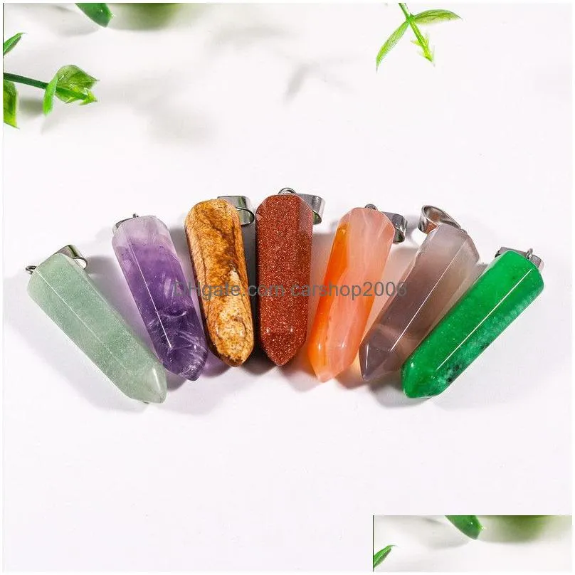natural stone hexagonal prism charms opal tigers eye pink quartz crystal healing chakra pendants diy necklace jewelry accessories