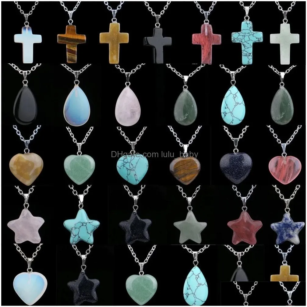 love heart water drop natural crystal stone cross star pendant tiger eye turquoises necklace chain for women girls charm jewelry