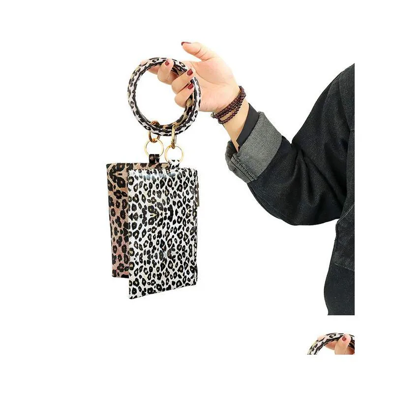 pu bracelet keychain leather wrist key ring round leopard wallet bracelets handbag pendant purse lady clutch bag coin purse makeup bag
