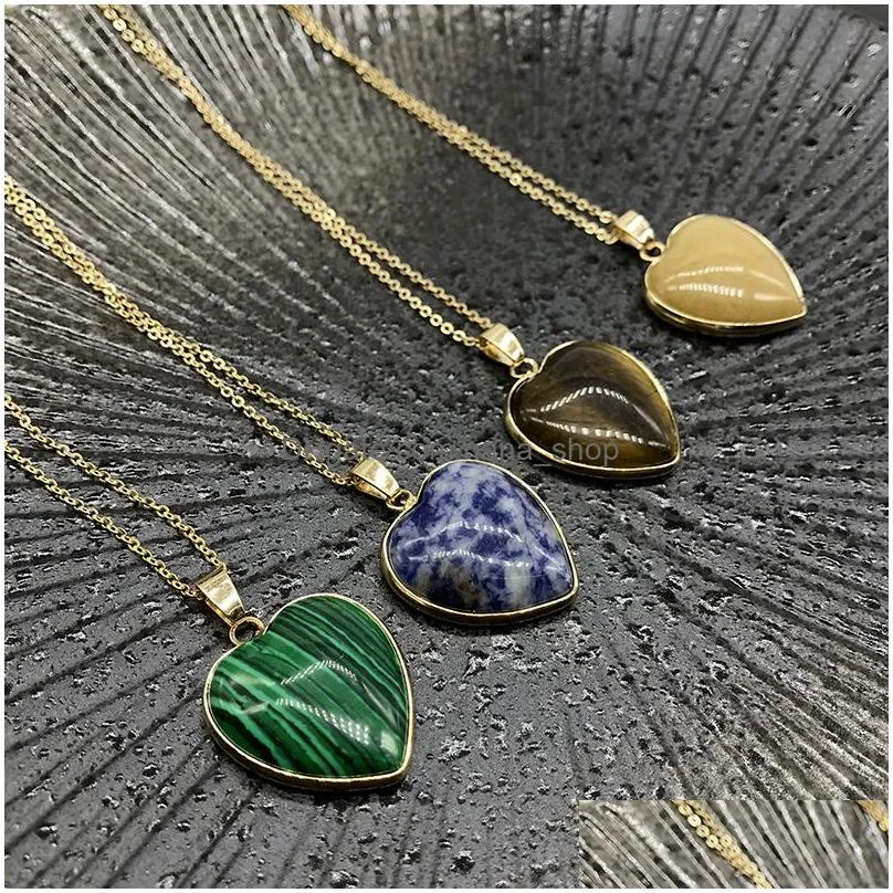 natural stone tiger eye stoneturquoise opal pink crystal heart pendant necklaces for women reiki heal crystal pendulum charms necklace