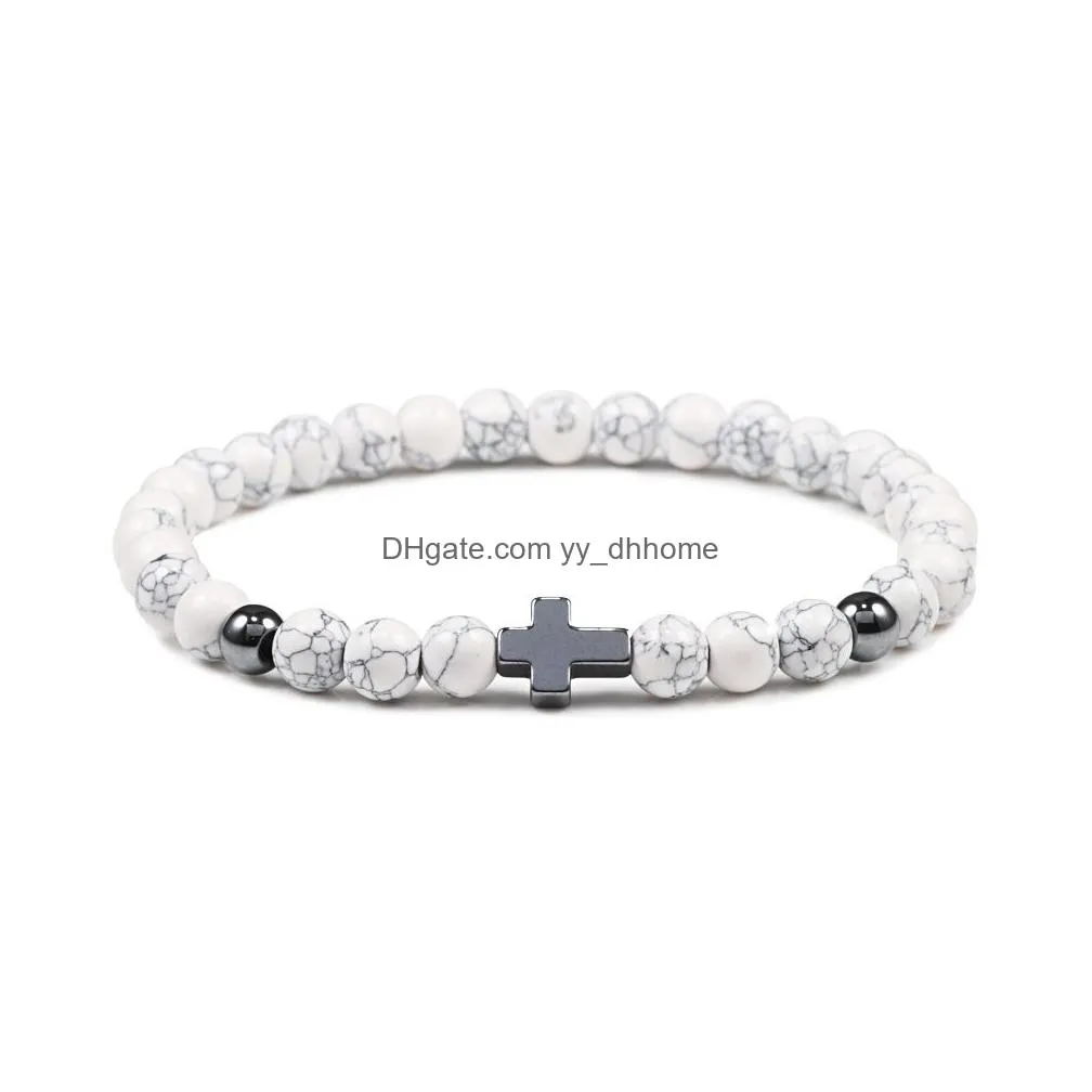 prayer men women bracelet hematite cross 6mm natural stone bead strand bracelets bangle jesus yoga homme jewelry gift