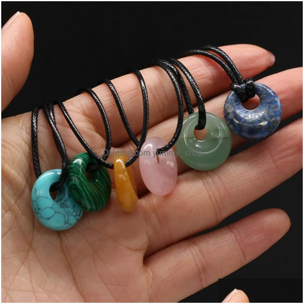 natural stone 18mm peace buckle tiger eye stone turquoise opal quartz crystal pendant necklaces for women reiki heal crystal pendulum charms leather rope