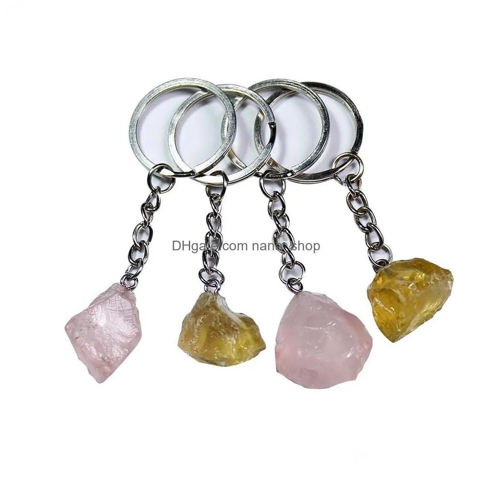 natural stone rose quartz citrine irregular key rings keychains healing crystal car decor keyholder for women men