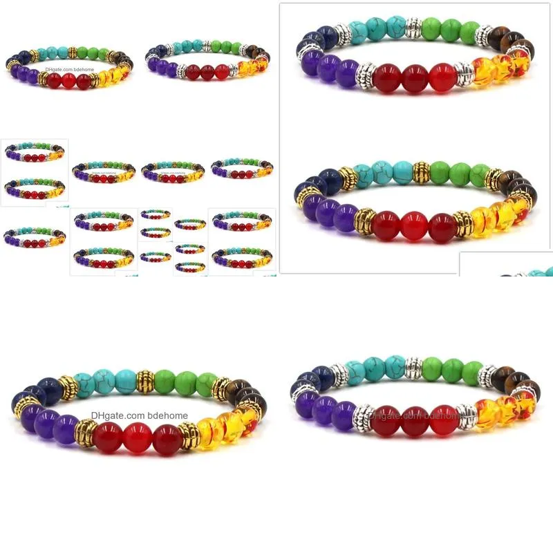 silver gold plated 7 chakra healing balance bracelet 8mm colorful natural stone yoga bracelet for women men