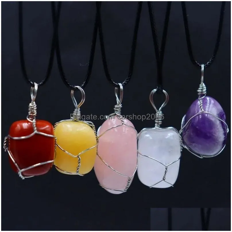 natural stone silver color wire winding necklace irregular amethyst rose quartz crystal agate pendant necklaces