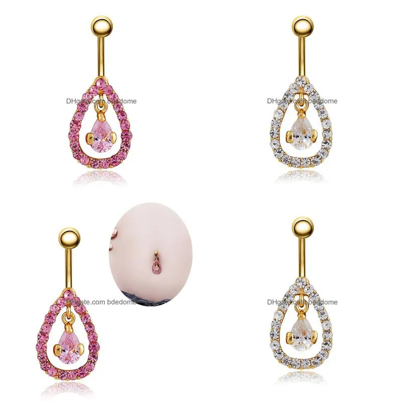 navel bell button rings piercing for women pink zircon color water drop surgical steel summer beach fashion body jewelry