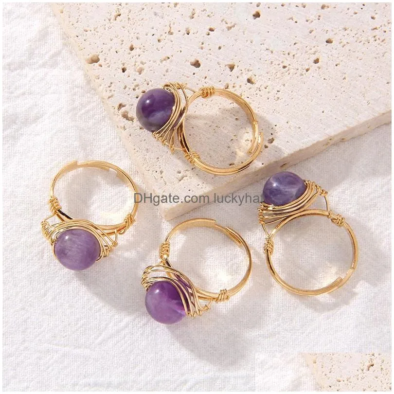 fashion natural crystal stone rings golden color wire wrap adjustable open rings for women men couple wedding ring jewelry gift