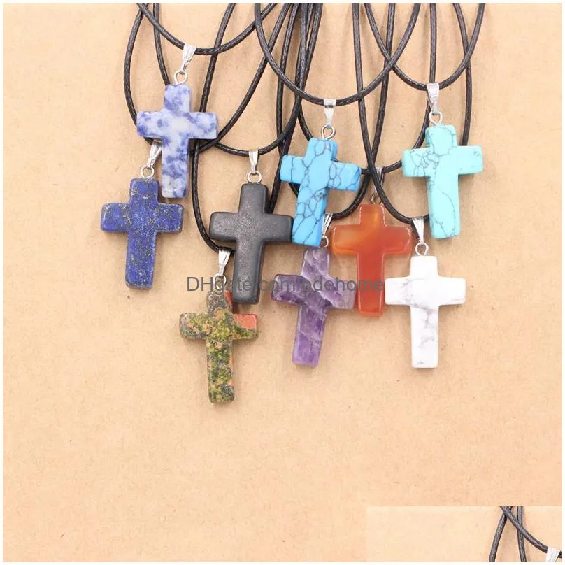 fashion opal turquoise natural stone druzy cross necklaces jewelry with leather chain necklace