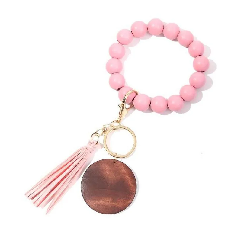 11 colors wooden bracelet keychain with tassels keys diy wood fiber pandent woodwooden bead bangle key decorate fashion