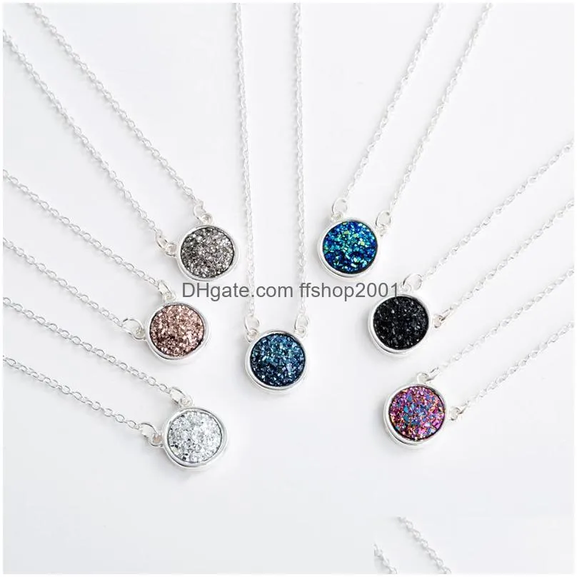 fashion drusy druzy necklace silver plated resin geometric round faux natural stone necklace for women lady jewelry