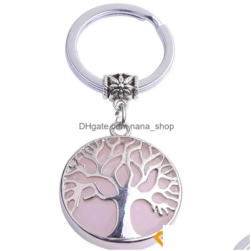 natural stone pink quartz opal aventurine gem tree of life key ring keychain healing amethyst crystal key chain jewelry