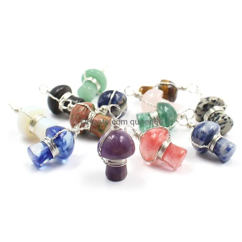 wire wrap natural gem stone carved 2cm mushroom charms quartz crystal opal amethyst tiger eye pendant diy necklaces earrings