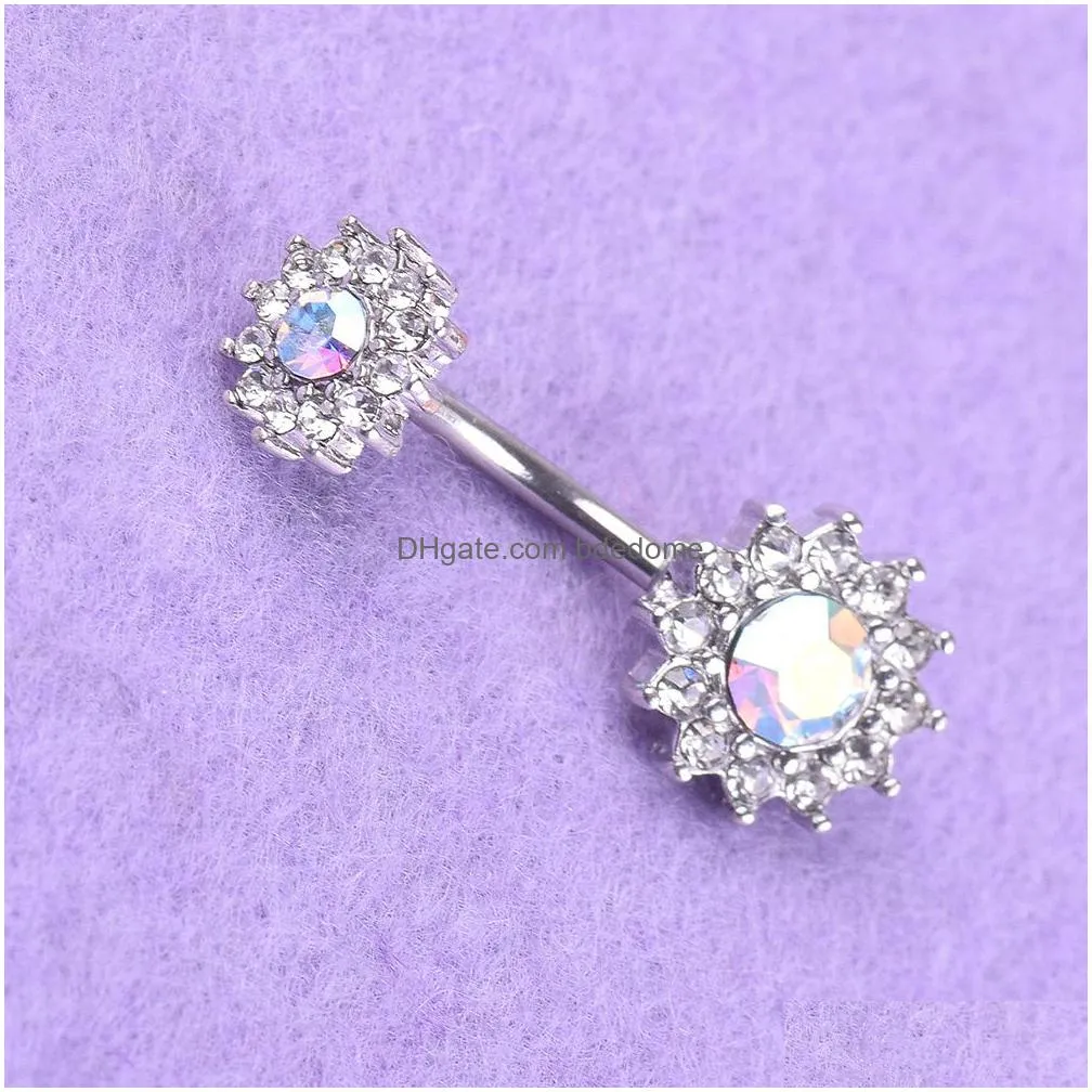 navel bell button rings piercing for women colorful silver color zircon crystal flower surgical steel summer beach fashion body