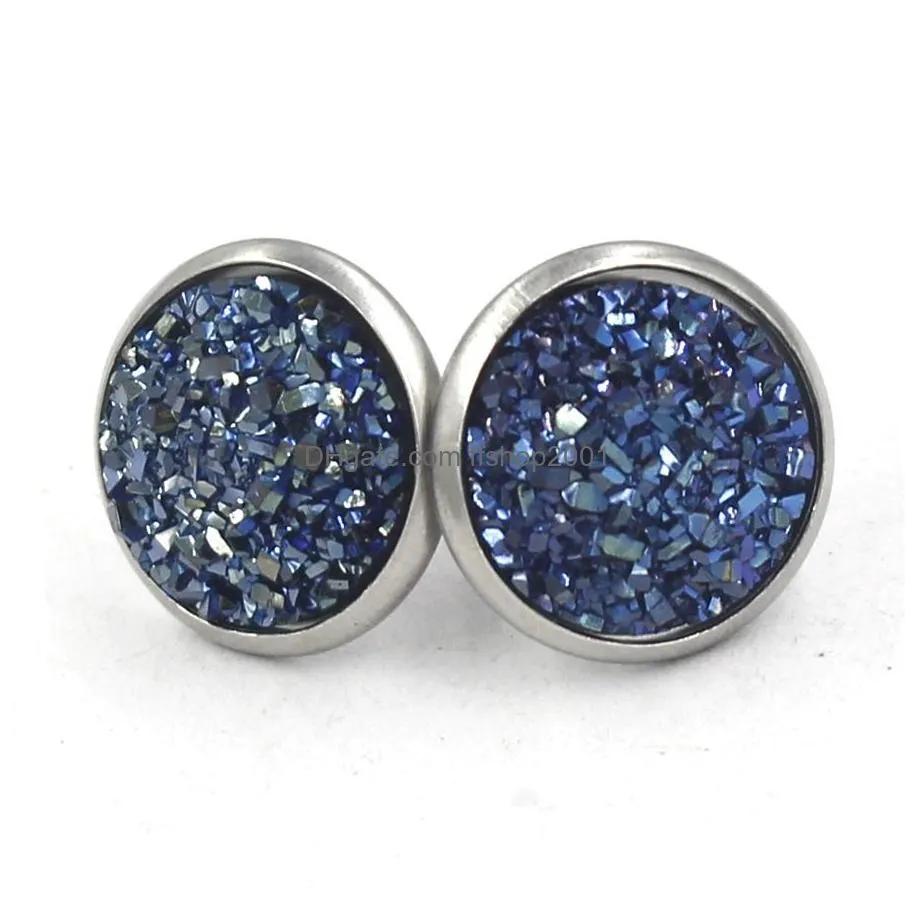 fashion 12colors round 12mm resin druzy drusy earrings stainless steel earrings handmade stud for women jewelry