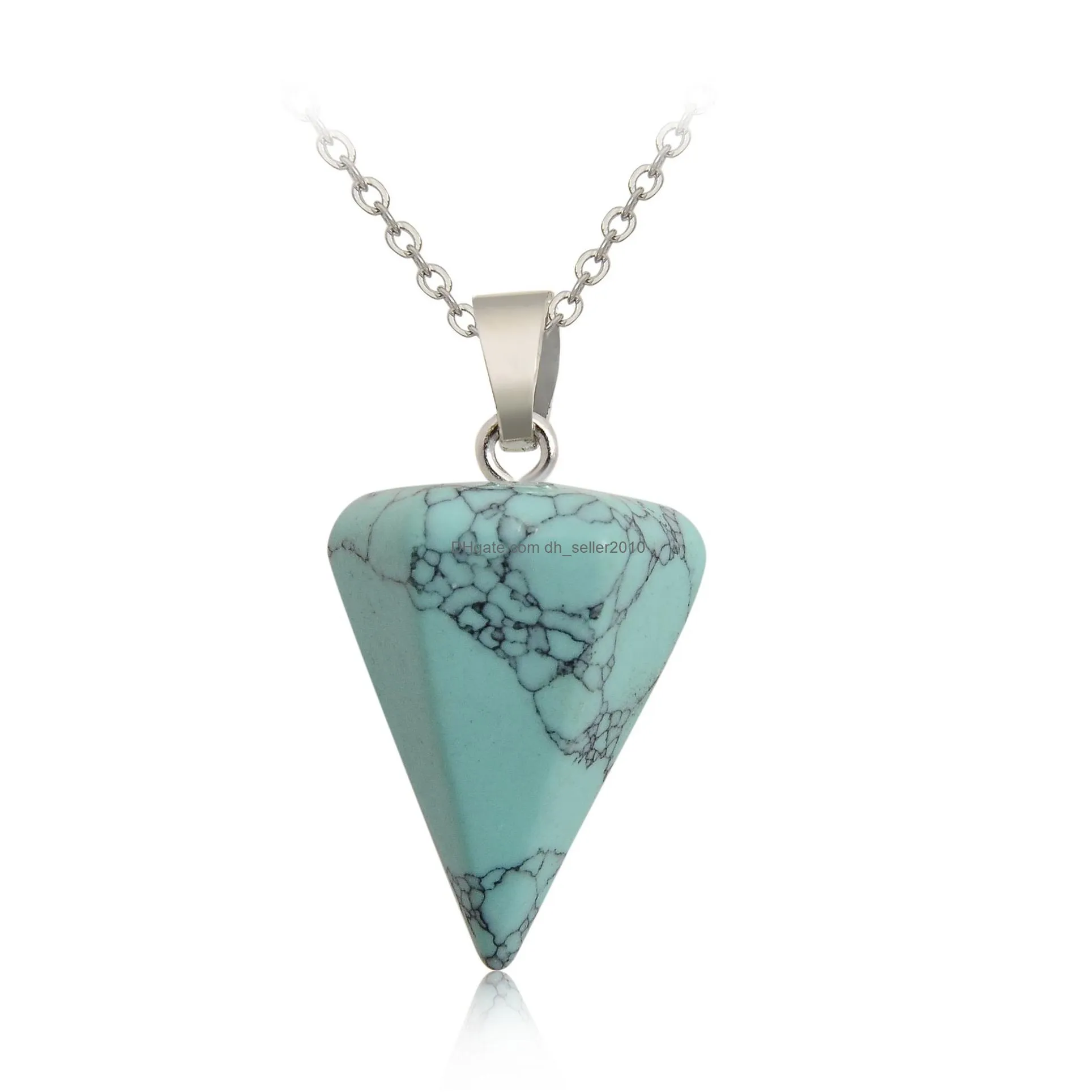 natural stone necklace hexagonal pyramid shape turquoise opal pink crystal pendant necklace for women jewelry