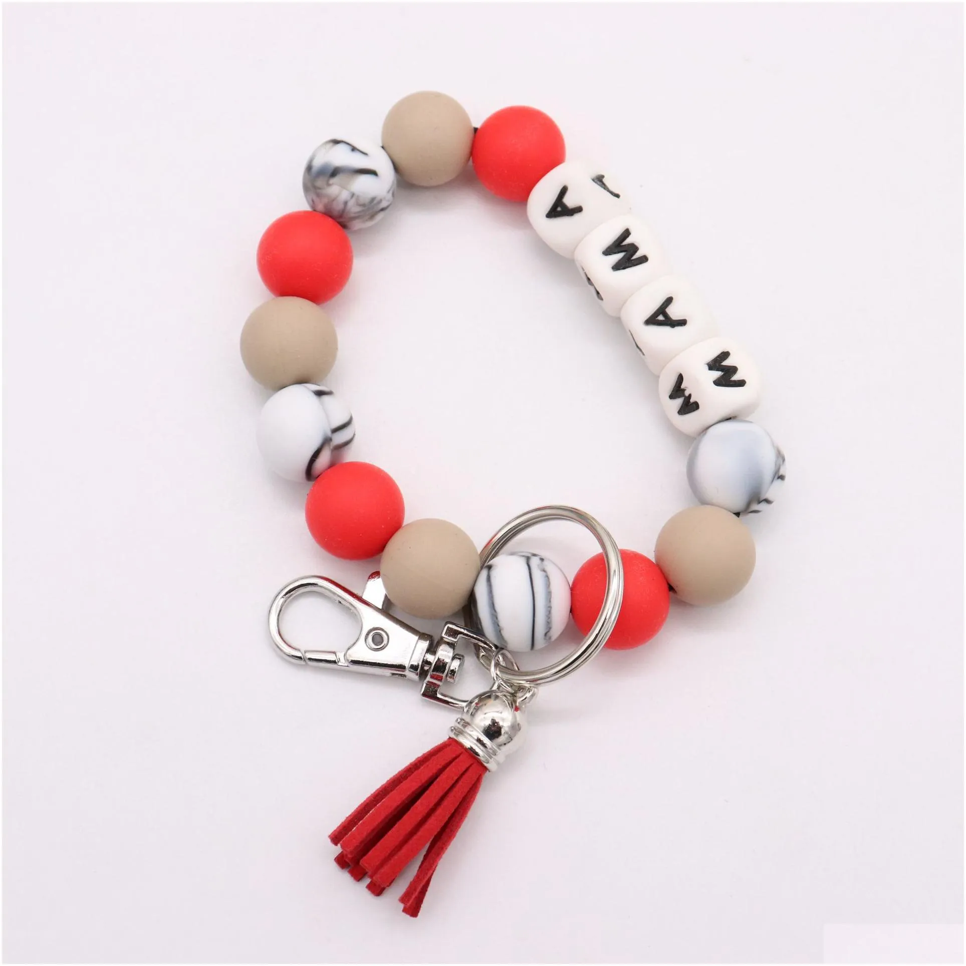 foreign trade food grade silicone letter beads bracelet keychain blank disc tassel pendant key ring female multi-color optional