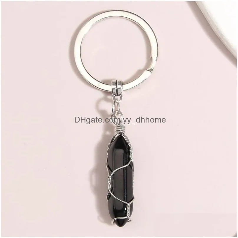 natural stone wire wrap hexagonal prism key rings keychains healing pink white crystal car decor keyholder for women men