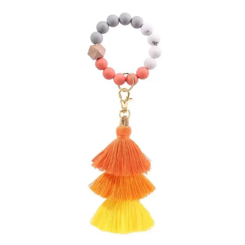 ups favor silicone beads bracelet keychain three layer cotton tassel wrist keyring bead bangle key ring women bag pendant decoration