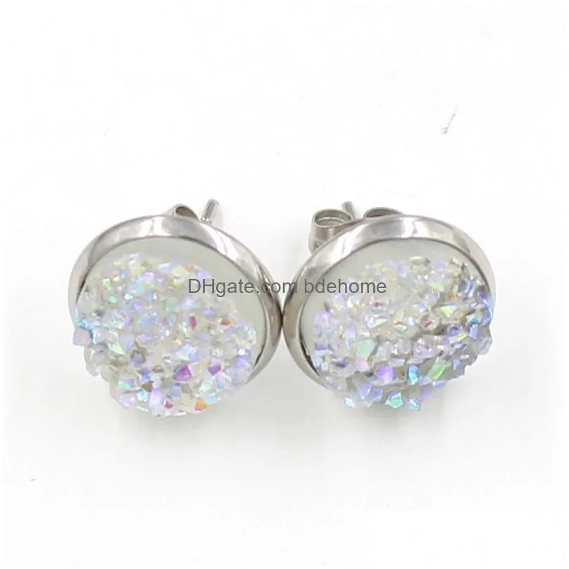 fashion 5colors round 12mm resin druzy drusy earrings handmade stud for women jewelry