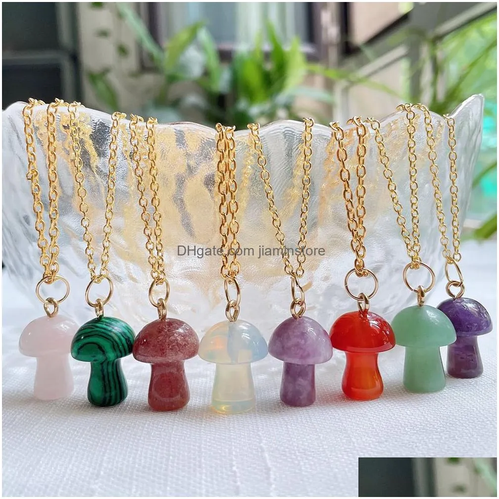 healing natural crystal pendant necklace lovely mushroom charm amethyst opal rose quartz necklace fashion women jewelry