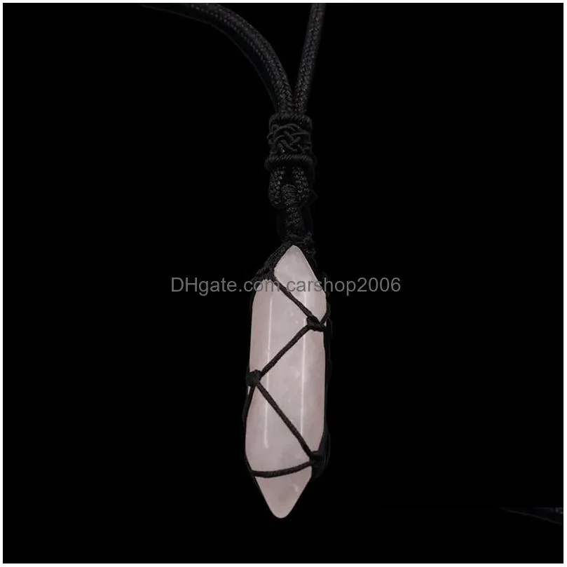 rope wrap natural stone necklace pink quartz aventurine amethysts point hexagonal crystal pendulum pendant necklaces for women