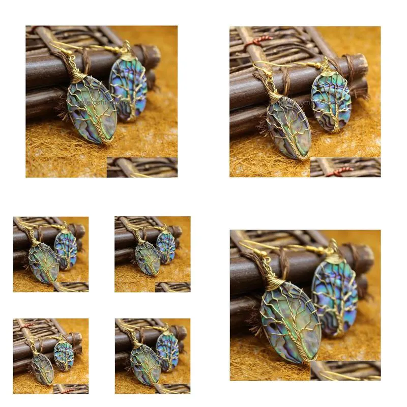 golend wire wrapped tree of life dangle earrings with oval abalone paua shell 5 pairs