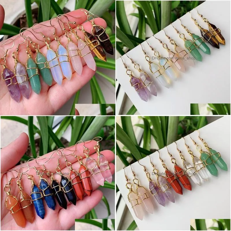 natural stone dangles earrings wire wrap hexagonal point bullet drop pendulum amethysts quartz purple healing crystal earring