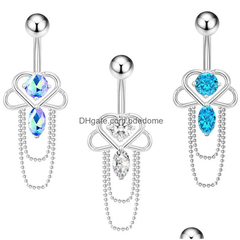 bell button rings for women blue white zircon crystal chain tassel dangling stainless steel crystal navel ring