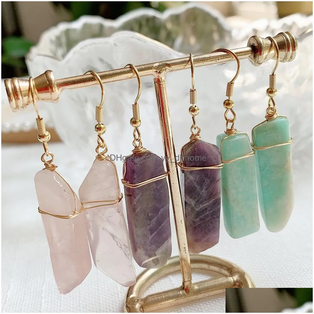 healing natural stone dangle earrings irregular rectangle long tassel pendulum amazonite lapis pink quartz purple crystal drop earring