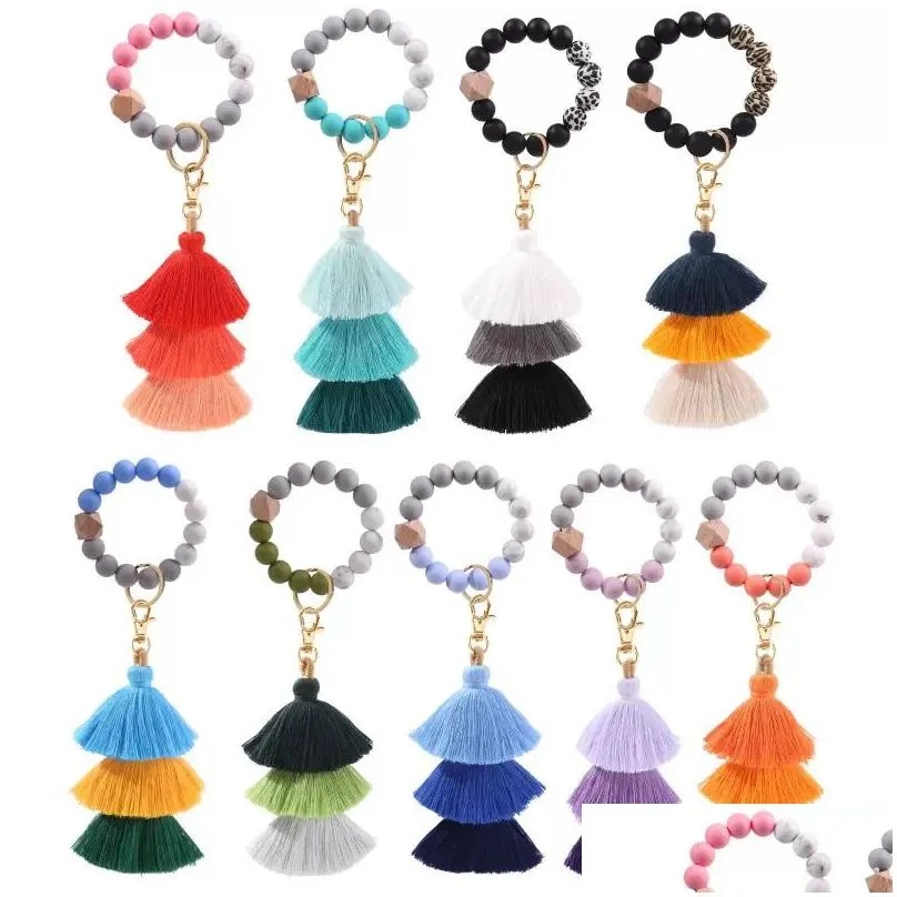 favor silicone beads bracelet keychain three layer cotton tassel wrist keyring bead bangle key ring women bag pendant decoration cg001