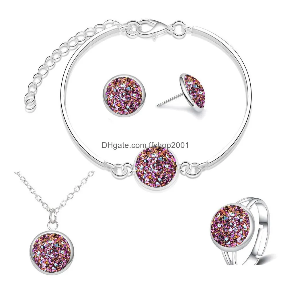 fashion druzy drusy earrings necklace bracelet 12mm resin stone necklace earrrings ring and bracelet jewelry set