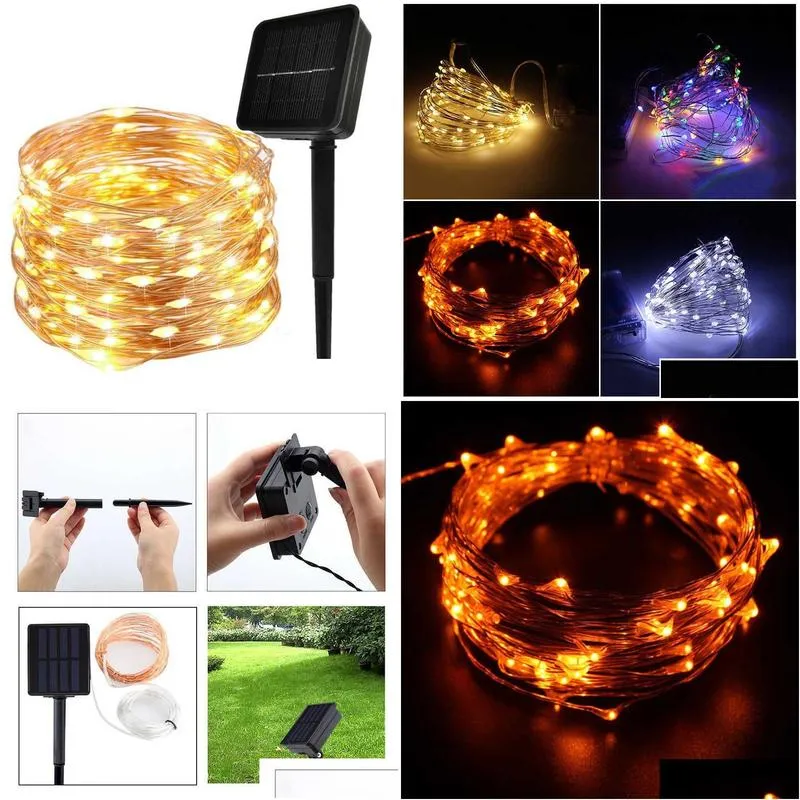 50-200 led solar power strip rope lights fairy string light xmas outdoor waterproof led solar energy copper wire light string y0720